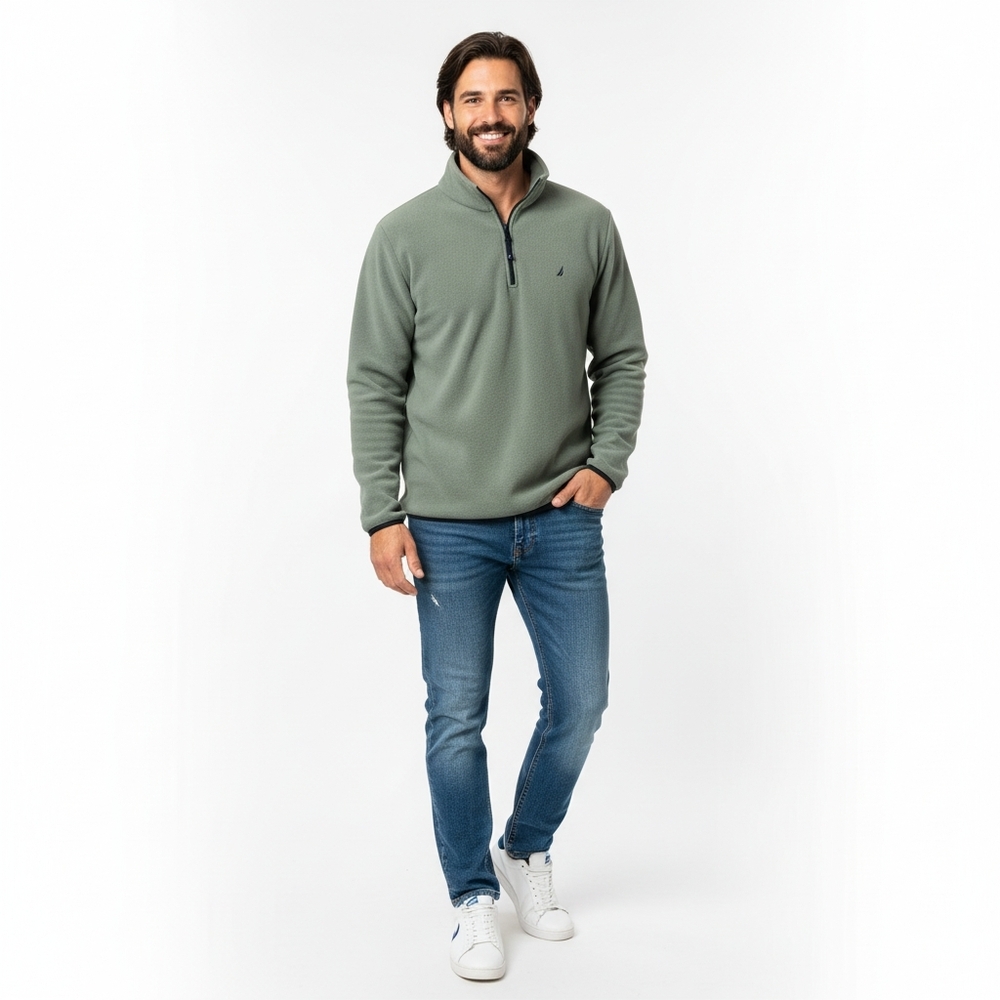Nautica Green Zip Up Sweater with High Collar and Relaxed Fit Size XL - Picture 2 of 8